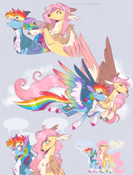 Size: 1068x1405 | Tagged: safe, artist:wanderingpegasus, derpibooru import, fluttershy, rainbow dash, pegasus, pony, alternate hairstyle, animal crossing, blue background, blushing, braiding, chest fluff, cloud, coat markings, cute, dashabetes, doom, doom eternal, duo, eyes closed, female, flying, friendshipping, grin, mare, redesign, shyabetes, simple background, size difference, smiling, unshorn fetlocks