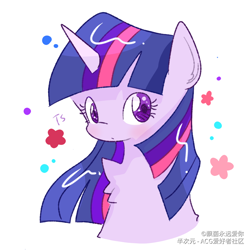 Size: 1080x1080 | Tagged: safe, artist:飘菌永远爱你, derpibooru import, twilight sparkle, pony, blushing, bust, chest fluff, female, looking at you, mare, portrait, simple background, solo, white background