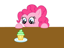 Size: 3264x2448 | Tagged: safe, artist:candycicada, derpibooru import, pinkie pie, earth pony, pony, blue eyes, cupcake, female, food, looking at something, looking down, pink hair, simple background, solo, transparent background