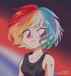 Size: 1500x1600 | Tagged: safe, artist:emono, derpibooru import, rainbow dash, human, 80s, anime, bare shoulders, clothes, cutie mark tattoo, humanized, looking at you, multicolored hair, rainbow hair, short hair, sleeveless, smiling, solo, tanktop, tattoo