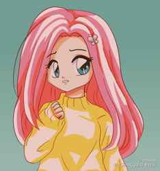 Size: 1500x1600 | Tagged: safe, artist:emono, derpibooru import, fluttershy, human, 80s, anime, clothes, female, hairpin, humanized, solo, sweater, turtleneck