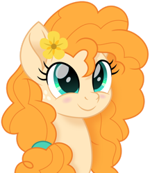 Size: 1280x1479 | Tagged: safe, artist:cloudyglow, derpibooru import, pear butter, earth pony, pony, cute, female, flower, flower in hair, looking up, mare, movie accurate, pearabetes, simple background, smiling, solo, transparent background, vector