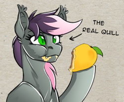 Size: 935x771 | Tagged: artist needed, safe, twibooru import, oc, oc only, oc:quill, oc:real quill, bat pony, pony, /mlp/, ear fluff, ears, eating, food, image, jpeg, mango, messy eating, oil, oiled, solo