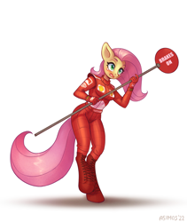 Size: 1200x1425 | Tagged: safe, artist:asimos, derpibooru import, fluttershy, anthro, pegasus, unguligrade anthro, boots, clothes, female, jumpsuit, mare, mechanic, open mouth, shoes, sign, simple background, solo, teary eyes, white background, wingless, wingless anthro