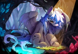 Size: 2048x1430 | Tagged: safe, artist:swaybat, derpibooru import, oc, oc only, bat pony, hybrid, pegabat, pony, blood, crepuscular rays, crystal, forest, solo, water