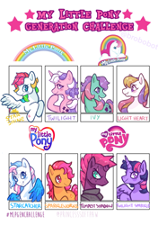 Size: 640x909 | Tagged: safe, artist:brobobot, derpibooru import, ivy, light heart, sparkleworks, star catcher, starshine, tempest shadow, twilight, twilight sparkle, alicorn, earth pony, pegasus, unicorn, g1, g2, g3, challenge, female, generation challenge