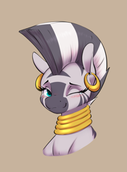 Size: 1743x2337 | Tagged: safe, artist:aquaticvibes, derpibooru import, zecora, pony, zebra, blushing, brown background, bust, ear piercing, earring, female, high res, jewelry, looking at you, mare, neck rings, one eye closed, piercing, quadrupedal, simple background, smiling, smiling at you, solo, wink, winking at you