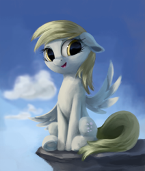 Size: 2555x3015 | Tagged: safe, artist:flusanix, derpibooru import, derpy hooves, pegasus, pony, ears, female, floppy ears, high res, mare, open mouth, open smile, sitting, smiling, solo, underhoof