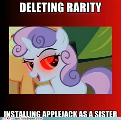 Size: 1000x996 | Tagged: safe, derpibooru import, edit, edited screencap, screencap, applejack, sweetie belle, pony, unicorn, season 2, sisterhooves social, caption, female, filly, foal, image macro, meme, my little brony, open mouth, red eyes, solo focus, text