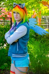 Size: 822x1242 | Tagged: safe, derpibooru import, rainbow dash, human, clothes, cosplay, costume, crossed arms, everfree northwest, everfree northwest 2015, goggles, irl, irl human, multicolored hair, photo, rainbow hair