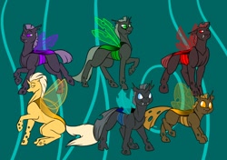 Size: 1280x900 | Tagged: safe, artist:foxenawolf, derpibooru import, oc, changeling, fanfic:conversations in a canterlot café, blue changeling, fanfic art, green changeling, orange changeling, purple changeling, red changeling, yellow changeling