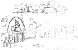 Size: 1000x643 | Tagged: safe, artist:elosande, derpibooru import, fighting is magic, chicken coop, concept art, farm, hay bale, monochrome, sketch, sweet apple acres