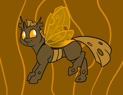 Size: 1000x773 | Tagged: safe, artist:foxenawolf, derpibooru import, oc, changeling, fanfic:conversations in a canterlot café, holes, horn, orange changeling, smiling, wings