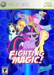 Size: 720x1008 | Tagged: safe, artist:rorycon, derpibooru import, applejack, fluttershy, nightmare moon, pinkie pie, rainbow dash, rarity, twilight sparkle, unicorn twilight, pony, unicorn, fighting is magic, big crown thingy, cover art, element of magic, female, jewelry, lasso, mane six, party cannon, regalia, rope, xbox 360