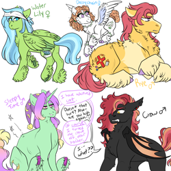 Size: 3000x3000 | Tagged: safe, artist:gingygin, derpibooru import, oc, oc only, oc:crow, oc:daisychain, oc:rye, oc:sleepy time, oc:water lily, bat pony, earth pony, pegasus, pony, unicorn, bags under eyes, bat pony oc, dialogue, feathered fetlocks, female, frog (hoof), half-siblings, hat, male, mare, offspring, parent:tree hugger, parent:unknown, siblings, simple background, sleeping cap, stallion, underhoof, unshorn fetlocks, white background