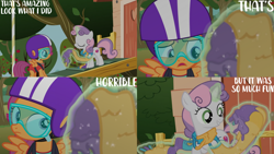 Size: 1280x720 | Tagged: safe, derpibooru import, edit, edited screencap, editor:quoterific, screencap, scootaloo, sweetie belle, pegasus, pony, unicorn, on your marks, season 6, clubhouse, crusaders clubhouse, eyes closed, female, filly, foal, goggles, helmet, magic, open mouth, smiling, telekinesis