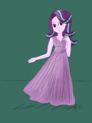 Size: 1500x2000 | Tagged: safe, artist:fude-chan-art, derpibooru import, starlight glimmer, equestria girls, clothes, dress, green background, simple background, solo