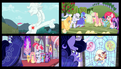 Size: 4616x2632 | Tagged: safe, artist:interstellar-quartz, derpibooru import, applejack, discord, fluttershy, pinkie pie, princess ember, princess luna, rainbow dash, rarity, twilight sparkle, pegasus, pony, the return of harmony, alternate design, amaryllisverse, baby dragon, baby ember, earth pony rarity, earth pony twilight, flapplejack, food, hat, mane six, pegasus pinkie pie, popcorn, race swap, stained glass, story included, unicorn fluttershy, unicorn rainbow dash, younger