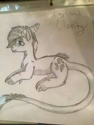Size: 480x640 | Tagged: safe, artist:shouka2016, derpibooru import, oc, oc:crystal clarity, dracony, hybrid, female, interspecies offspring, kilalaverse, offspring, parent:rarity, parent:spike, parents:sparity, pencil drawing, photo, solo, traditional art