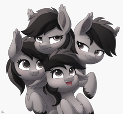 Size: 2050x1900 | Tagged: safe, artist:luminousdazzle, derpibooru import, oc, oc only, oc:grey matter, earth pony, black and white, chest fluff, clone, commission, ear fluff, ear tufts, ears, female, grayscale, grumpy, long ears, looking at each other, looking at someone, mare, monochrome, multeity, open mouth, open smile, simple background, smiling, smug, unshorn fetlocks, white background