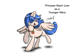 Size: 3508x2481 | Tagged: safe, artist:memprices, derpibooru import, oc, oc only, oc:princess heart love, alicorn, pony, eye clipping through hair, female, high res, looking back, mare, open mouth, open smile, original character do not steal, playful, raised hoof, raised leg, running, simple background, smiling, spread wings, white background, wings