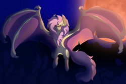 Size: 1024x683 | Tagged: safe, artist:brybrychan, derpibooru import, fluttershy, bat pony, pony, bat ponified, female, flutterbat, flying, full moon, mare, moon, night, outdoors, race swap, solo, species swap, spread wings, wings