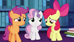Size: 1280x720 | Tagged: safe, derpibooru import, screencap, apple bloom, scootaloo, sweetie belle, earth pony, pegasus, pony, unicorn, the fault in our cutie marks, apple bloom's bow, bow, cutie mark crusaders, female, filly, foal, hair bow, pouting, sad