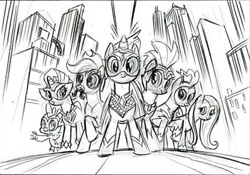 Size: 1976x1380 | Tagged: artist needed, safe, derpibooru import, fili-second, humdrum, masked matter-horn, mistress marevelous, radiance, saddle rager, spike, zapp, dragon, pony, concept art, monochrome, official art, pencil drawing, power ponies, the art of equestria, traditional art