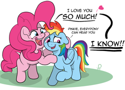 Size: 2330x1674 | Tagged: safe, artist:pony-thunder, derpibooru import, pinkie pie, rainbow dash, earth pony, pegasus, pony, blue eyes, comic, dialogue, duo, duo female, ears, female, floating heart, floppy ears, folded wings, heart, hooves, hug, mare, open mouth, open smile, pink mane, pink tail, raised hoof, raised leg, shadow, simple background, smiling, standing, tail, white background, wings