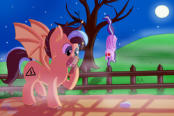 Size: 1024x683 | Tagged: safe, artist:exobass, derpibooru import, starlight glimmer, oc, oc:steppi, bat pony, bat ponified, bat pony oc, fangs, fence, fog, moon, night, race swap, tree, upside down