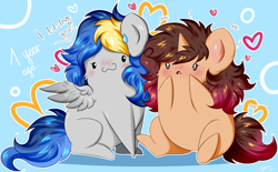 Size: 2058x1280 | Tagged: safe, artist:woonborg, derpibooru import, oc, oc:bluecode, oc:woon, pegasus, pony, unicorn, anniversary, chibi, heart, love, my little pony, potato pony, relationship