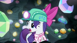 Size: 1920x1080 | Tagged: safe, derpibooru import, screencap, rarity, pony, unicorn, the end in friend, bow, cave, eyeshadow, female, gem, mare, open mouth, scarf, solo