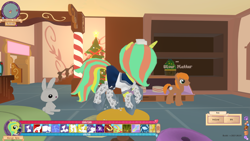 Size: 1920x1080 | Tagged: safe, derpibooru import, oc, oc:mango rose, pony, rabbit, unicorn, animal, christmas, christmas tree, clothes, game screencap, holiday, legends of equestria, sailor uniform, stairs, stars, tree, uniform