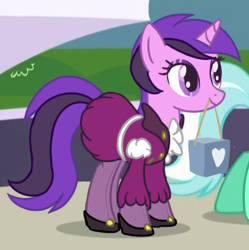 Size: 420x421 | Tagged: safe, artist:anonymous, derpibooru import, edit, edited screencap, screencap, twibooru import, amethyst star, lyra heartstrings, sparkler, pony, unicorn, friendship is magic, anonymous editor, background pony, bag, clothes, clothes edit, cravat, dress, dress shirt, dyed mane, eyeshadow, female, hoof shoes, makeup, mare, mouth hold, shopping bag, solo focus, tights