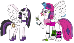 Size: 3134x1803 | Tagged: safe, artist:supahdonarudo, derpibooru import, princess celestia, queen novo, alicorn, classical hippogriff, hippogriff, my little pony: the movie, bow, choker, clothes, devil horn (gesture), ear piercing, earring, glam rock, jewelry, leggings, leopard print, lipstick, makeup, piercing, punklestia, simple background, spiked choker, spiked wristband, transparent background, wristband, zebra print