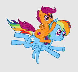 Size: 2750x2550 | Tagged: safe, artist:nate5700, derpibooru import, rainbow dash, scootaloo, pegasus, pony, flying, ponies riding ponies, riding, scootaloo riding rainbow dash, simple background, spread wings, wings