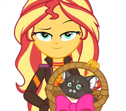 Size: 1635x1440 | Tagged: safe, derpibooru import, edit, edited screencap, screencap, sunset shimmer, cat, better together, equestria girls, sunset's backstage pass!, background removed, basket, dreamworks face, hattie, lidded eyes, looking at you, not a vector, simple background, smugset shimmer, transparent background