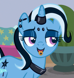 Size: 625x651 | Tagged: safe, edit, edited screencap, screencap, twibooru import, trixie, pony, unicorn, a horse shoe-in, anonymous editor, choker, cropped, dyed mane, ear piercing, emo, eyebrow piercing, female, horn, horn ring, lidded eyes, lipstick, mare, mascara, open mouth, open smile, piercing, ring, smiling, solo, tongue, tongue out, tongue piercing
