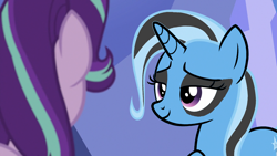 Size: 1436x808 | Tagged: safe, edit, edited screencap, screencap, twibooru import, starlight glimmer, trixie, pony, unicorn, road to friendship, duo, eyeshadow, female, goth, lidded eyes, looking at someone, makeup, mare, mascara, smiling