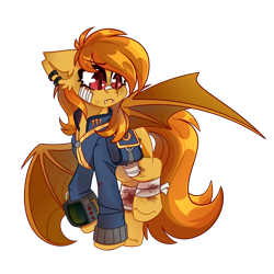 Size: 1766x1766 | Tagged: safe, artist:star-theft, derpibooru import, oc, oc only, bat pony, pony, fallout equestria, clothes, pipbuck, simple background, solo, transparent background, vault 111, vault suit