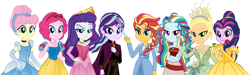 Size: 1024x307 | Tagged: safe, artist:emeraldblast63, derpibooru import, applejack, fluttershy, pinkie pie, rainbow dash, rarity, starlight glimmer, sunset shimmer, twilight sparkle, equestria girls, alternate hairstyle, anna (frozen), beauty and the beast, belle, briar rose, cinderella, clothes, disney princess, dress, elsa, female, flower, frozen (movie), humane five, humane seven, humane six, lidded eyes, looking at you, moana, princess aurora, rose, simple background, sleeping beauty, snow white, the princess and the frog, tiana, transparent background