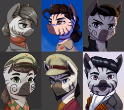 Size: 3014x2692 | Tagged: safe, artist:mrscroup, derpibooru import, oc, oc only, zebra, equestria at war mod, bust, clothes, facial hair, female, headgear, male, mare, portrait, stallion