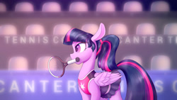 Size: 3840x2160 | Tagged: safe, artist:silshadnic, edit, editor:drtoughlove, twilight sparkle, pegasus, pony, banned from derpibooru, clothes, female, hornless edit, image, jpeg, mare, mouth hold, pegasus twilight sparkle, race swap, skirt, solo, sports, sports outfit, tennis, tennis racket, unauthorized edit