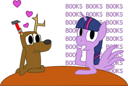 Size: 1186x798 | Tagged: safe, artist:tomnice, derpibooru exclusive, derpibooru import, twilight sparkle, twilight sparkle (alicorn), oc, alicorn, deer, pony, book, closed mouth, cute, deer oc, duo, duo male and female, female, hammer, implied canon x oc, implied interspecies, implied shipping, implied straight, male, mare, one sided shipping, open mouth, simple background, that pony sure does love books, transparent background