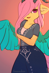 Size: 2000x3000 | Tagged: safe, artist:freeedon, derpibooru import, part of a set, fluttershy, anthro, draconequus, fanfic:my little pony: the unexpected future, clothes, draconequified, female, flutterequus, gradient background, looking at you, open mouth, open smile, smiling, smiling at you, solo, species swap