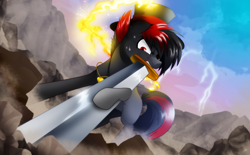 Size: 4000x2480 | Tagged: safe, artist:dormin-dim, derpibooru import, oc, oc only, earth pony, pony, hat, jewelry, lightning, low angle, mountain, necklace, rock, solo, sword, weapon