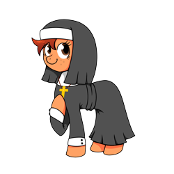 Size: 2000x2000 | Tagged: safe, artist:machacapigeon, oc, oc only, oc:purity seal, earth pony, pony, christianity, clothes, cross, female, freckles, habit, looking at you, mare, nun, ponerpics community collab 2022, side view, simple background, smiling, smiling at you, solo, transparent background