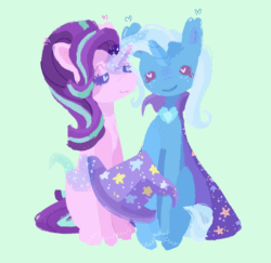 Size: 640x623 | Tagged: safe, artist:mlpmeadowsweet, derpibooru import, starlight glimmer, trixie, pony, unicorn, animated, cape, clothes, duo, duo female, female, gif, green background, hat, heart, heart eyes, horn, kissing, lesbian, levitation, lineless, magic, no sound, shipping, simple background, startrix, telekinesis, trixie's cape, trixie's hat, wingding eyes