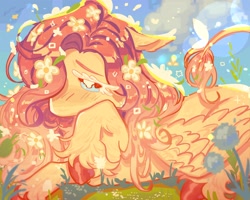 Size: 2048x1638 | Tagged: safe, artist:cometbunn, derpibooru import, fluttershy, pegasus, pony, cute, dandelion, ears, female, floppy ears, flower, flower in hair, hair over one eye, leonine tail, lying down, mare, prone, shyabetes, solo, tail, unshorn fetlocks