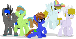 Size: 1280x652 | Tagged: safe, artist:blues-edits, derpibooru import, oc, oc:bluebook, oc:bubbling beaker, oc:country rock, oc:harmonic melody, oc:rainbow lightning, alicorn, pegasus, base used, beard, colored wings, facial hair, freckles, glasses, hat, ponysona, simple background, transparent background, two toned mane, two toned wings, wings